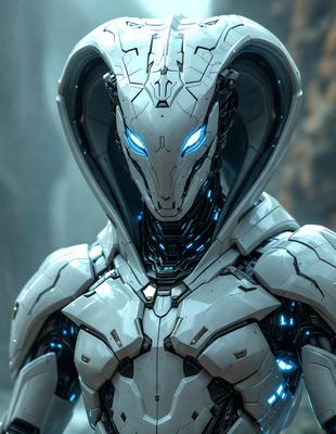 The primary subject of the image is a futuristic robot with a white and blue color scheme. The robot has a hooded head and a blue glow in its eyes. The setting is a dark room, and the visual style is a digital art or illustration. The overall atmosphere is mysterious and intriguing.